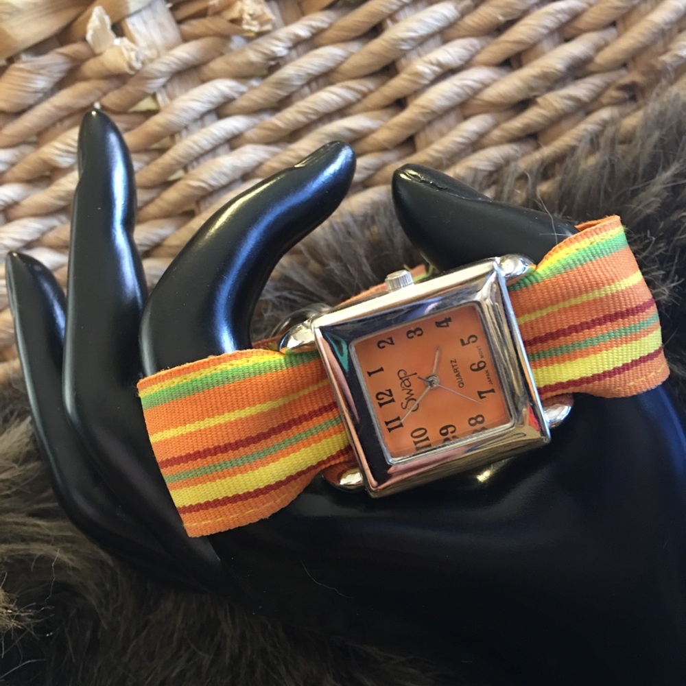 Ladies SWAP stripe fabric D ring band watch